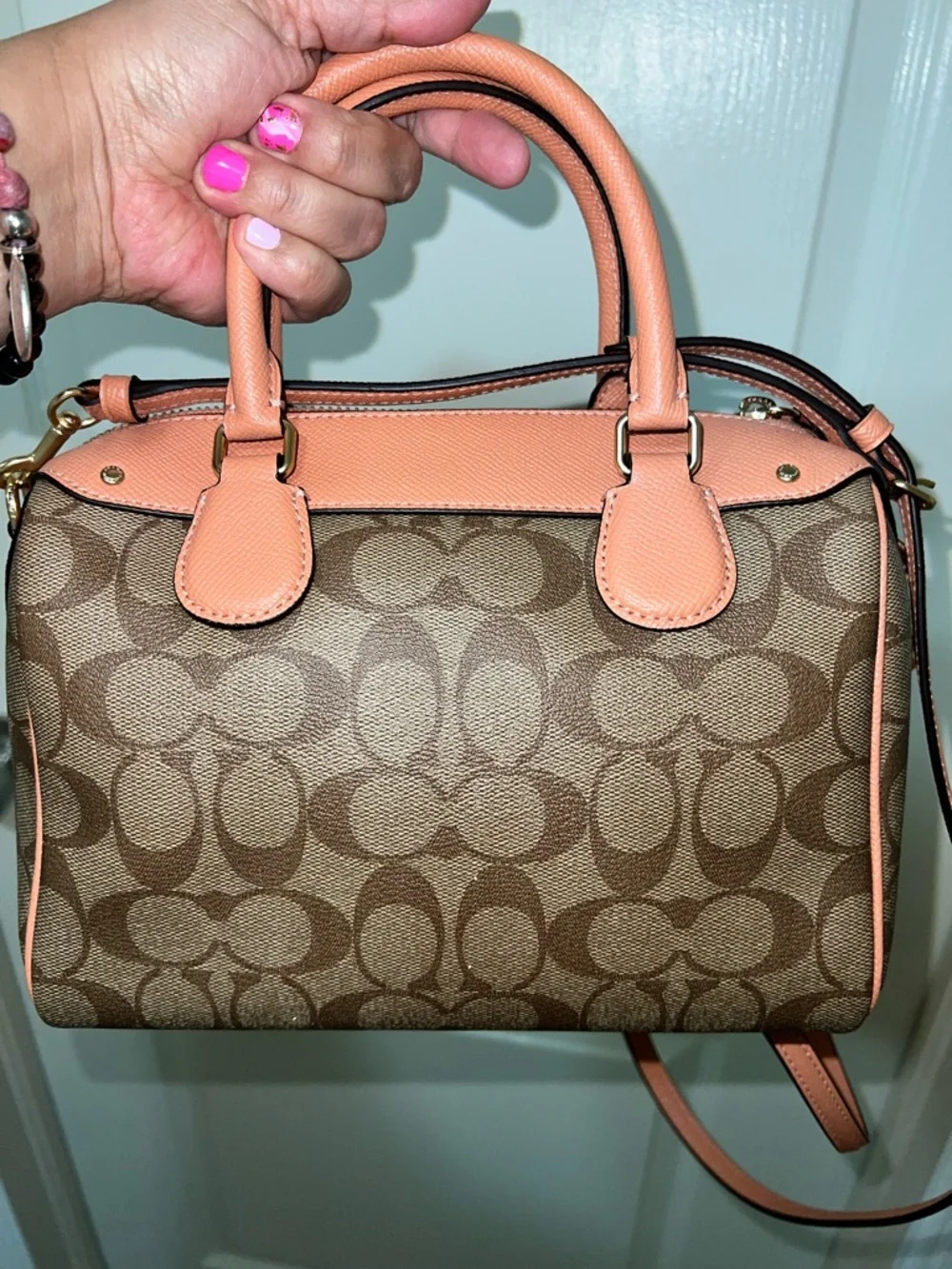 Coach Brown Signature Satchel with Pink Flamingo Accent - Picture 5 of 11